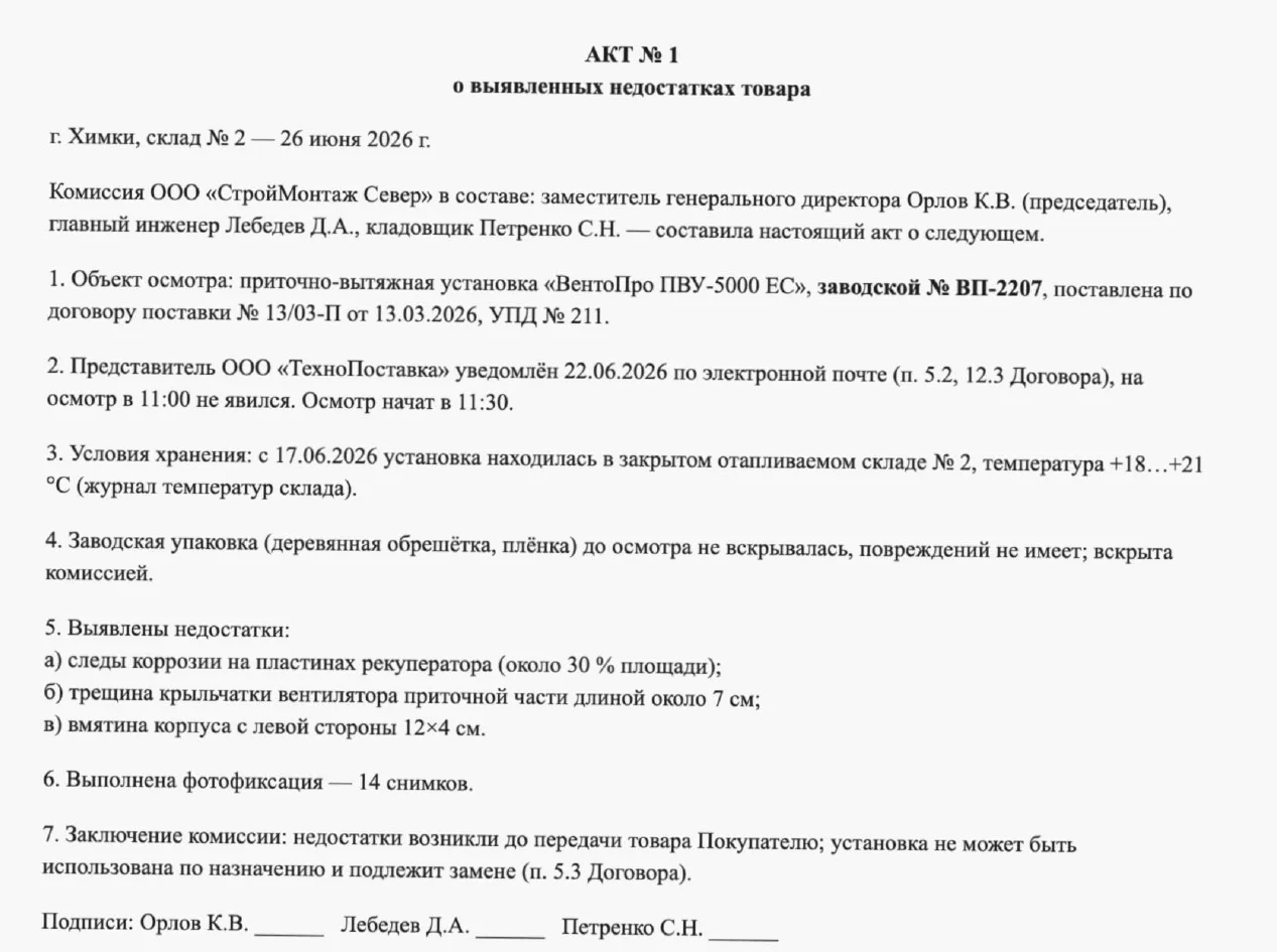 Скан акта о недостатках товара