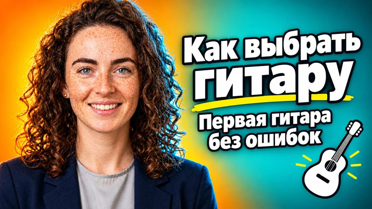 Яркая обложка «Как выбрать гитару»: улыбающаяся девушка слева, крупный заголовок и гитара справа