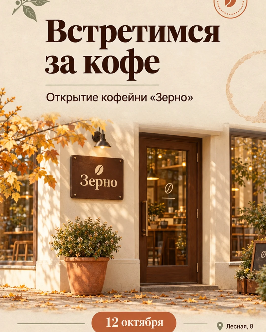 Стало: вход в кофейню с вывеской «Зерно»